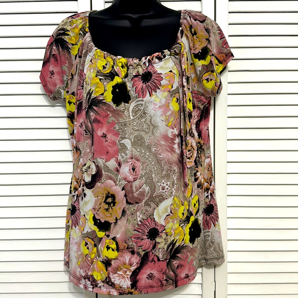 Liz McCoy Large Pink Floral Short Sleeve Tie Bow Pull Strap Neckline Stretch Top